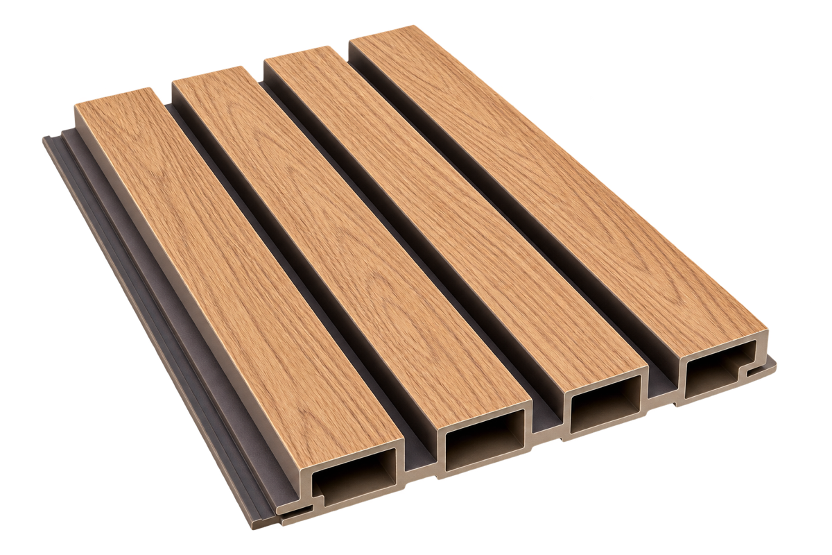 Latest Phase 2 WPC slatted cladding panel in a warm timber finish